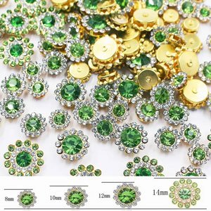 Mixed color sunflower shape sew-on rhinestones with gold backing, shown in various sizes from 8mm to 14mm.