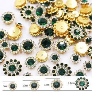 Mixed color glass crystal sew-on rhinestones in sunflower shape, showing various sizes from 8mm to 14mm.