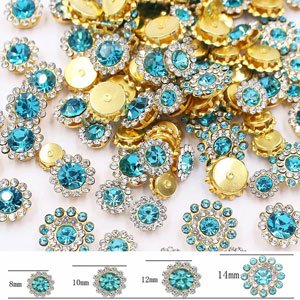 Mixed color sunflower shape sew-on rhinestones with gold settings, showing sizes 8mm, 10mm, 12mm, and 14mm.