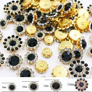 Mixed color glass crystal sew-on rhinestones in sunflower shape, showing various sizes from 8mm to 14mm.