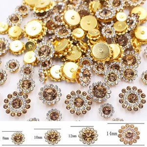 Mixed color sunflower shape sew-on rhinestones in various sizes, with size indicators below.