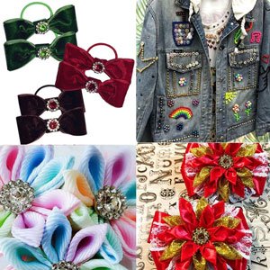 Four collages of craft embellishments: velvet bows with gems, decorated denim jacket, colorful fabric flowers, and red and gold glitter bows.