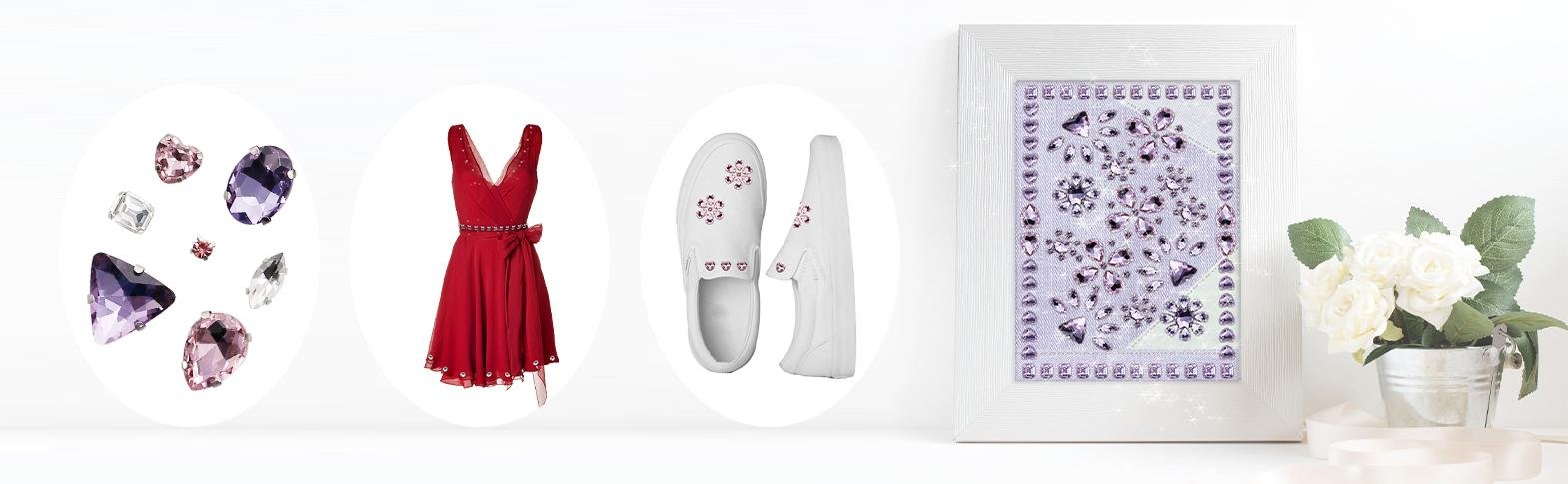 Assortment of champagne colored glass rhinestones in various shapes and sizes, a red dress, white slip-on shoes with rhinestone embellishments, and a framed artwork decorated with rhinestones.