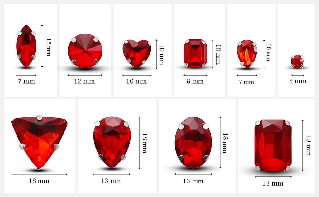 Collection of red glass rhinestones in various shapes with silver claw settings and size dimensions displayed.