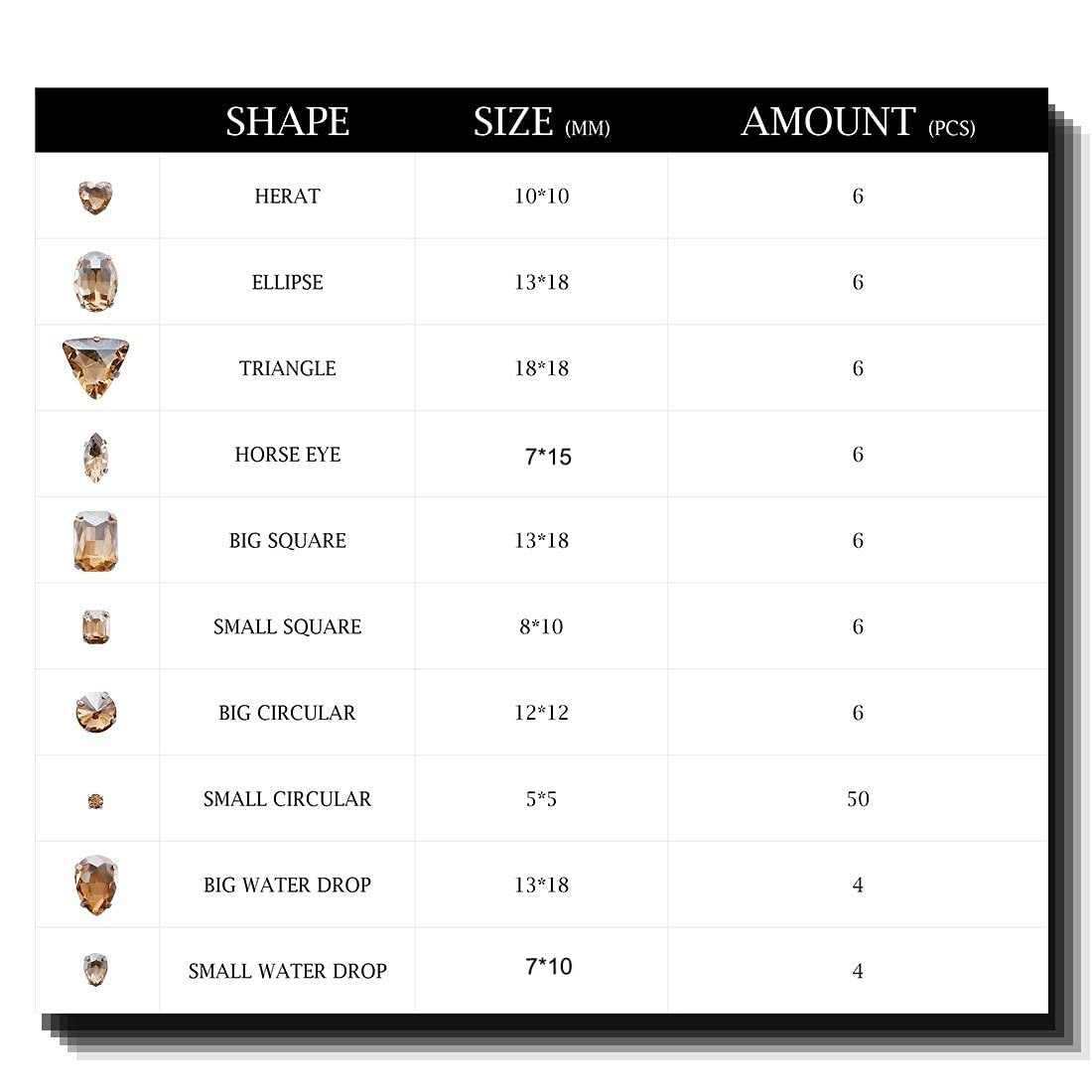 Table showing different shapes, sizes, and amounts of champagne colored glass rhinestones with silver claw settings.