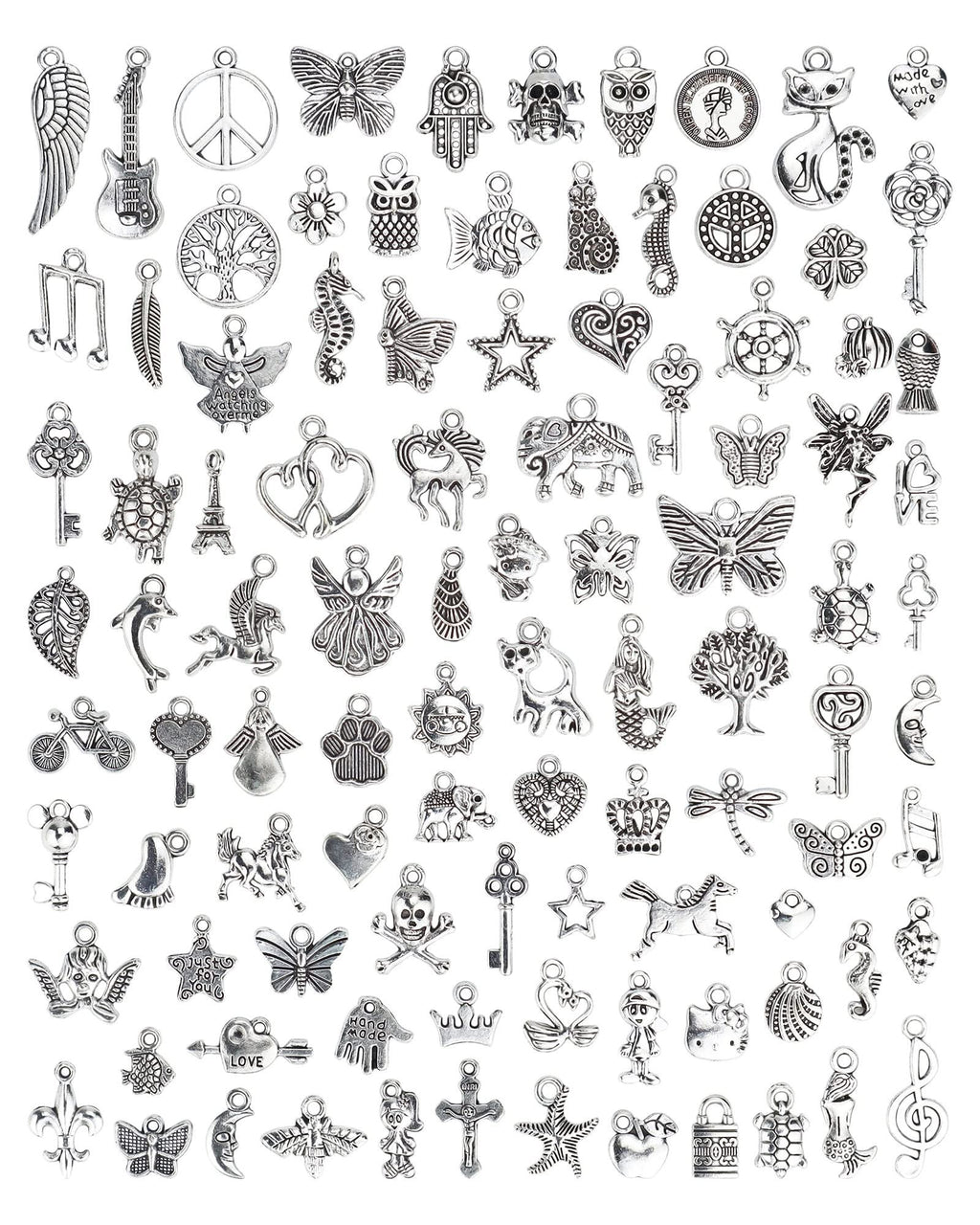 Collection of 100 mixed Tibetan silver alloy charm pendants for jewelry making and crafts, featuring various shapes like animals, keys, and symbols.