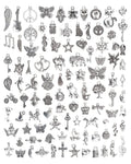 Collection of 100 mixed Tibetan silver alloy charm pendants for jewelry making and crafts, featuring various shapes like animals, keys, and symbols.