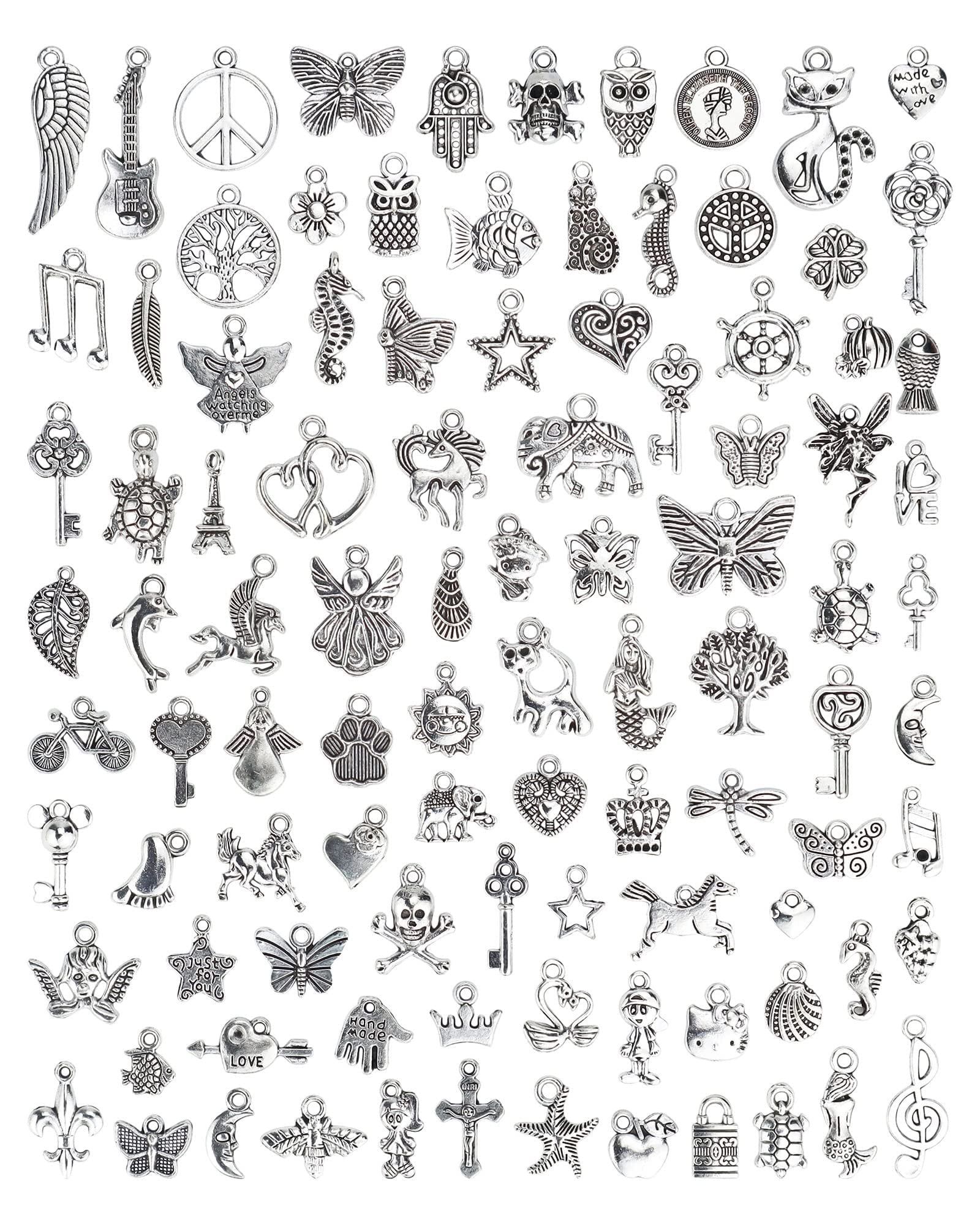 Collection of 100 mixed Tibetan silver alloy charm pendants for jewelry making and crafts, featuring various shapes like animals, keys, and symbols.