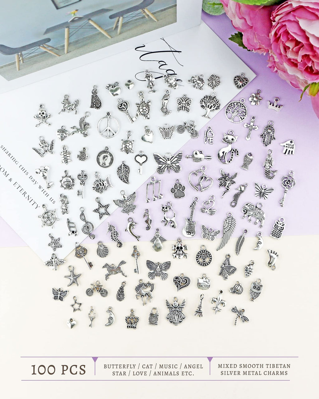Assortment of 100 mixed Tibetan silver alloy charm pendants for jewelry making, including animals, hearts, and musical notes.
