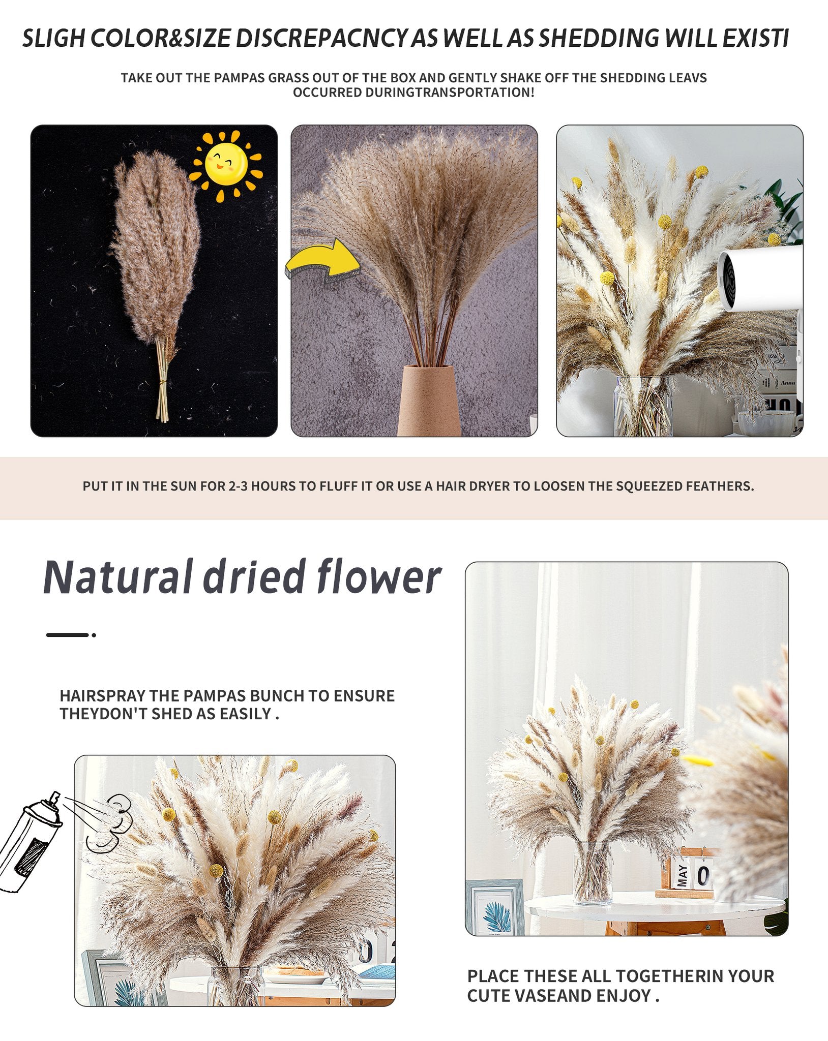 Collage of dried pampas grass arrangements showing fluffing and styling tips.