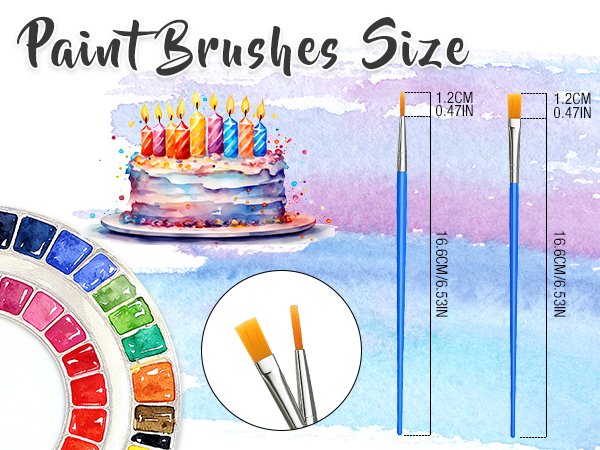 Paint brushes with size dimensions shown next to a watercolor palette and a birthday cake with candles.