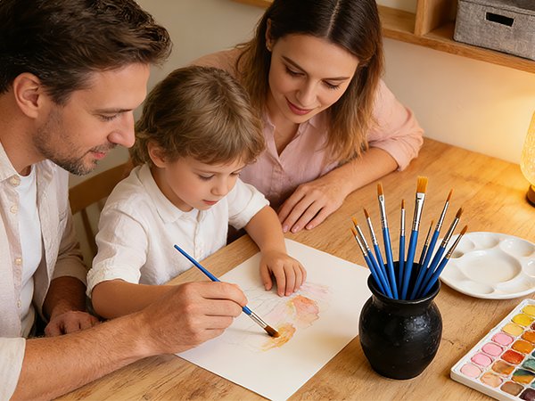 Family painting together at a wooden table, with a set of paint brushes in a black vase and a watercolor palette.