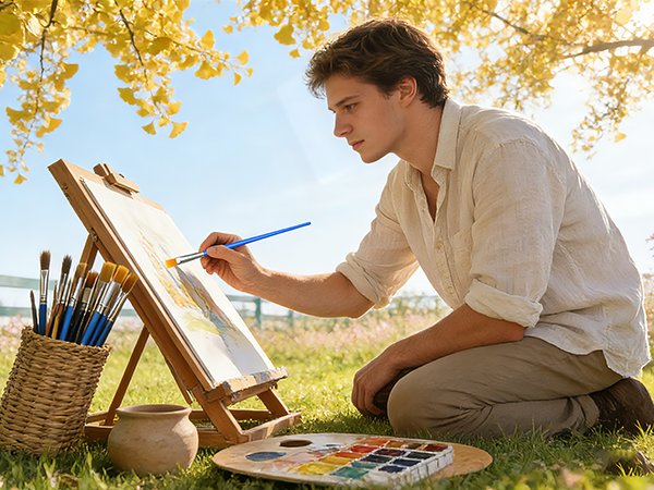 Young man painting outdoors with a set of brushes and watercolors on an easel