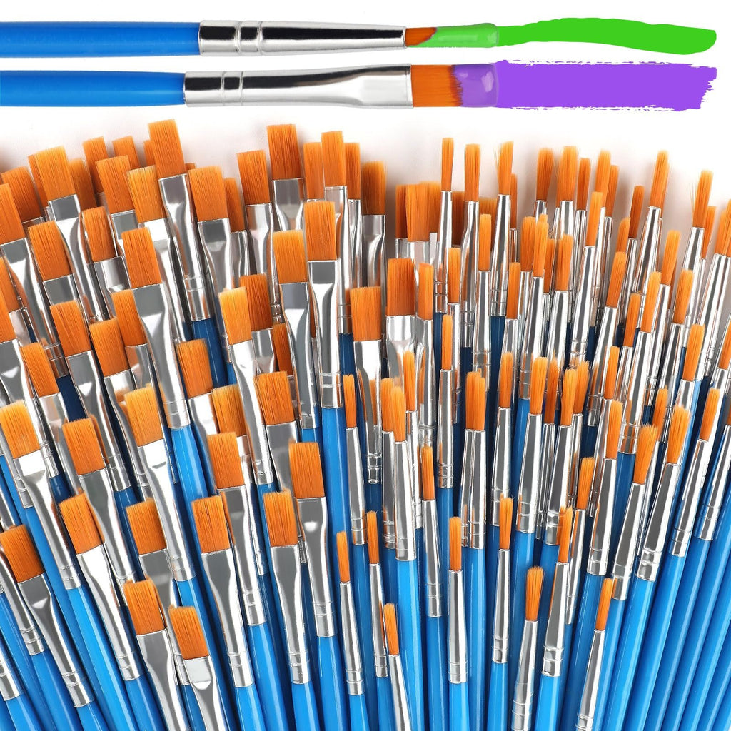 Close-up of a large collection of paint brushes with blue handles and orange bristles, two brushes at the top show green and purple paint strokes.