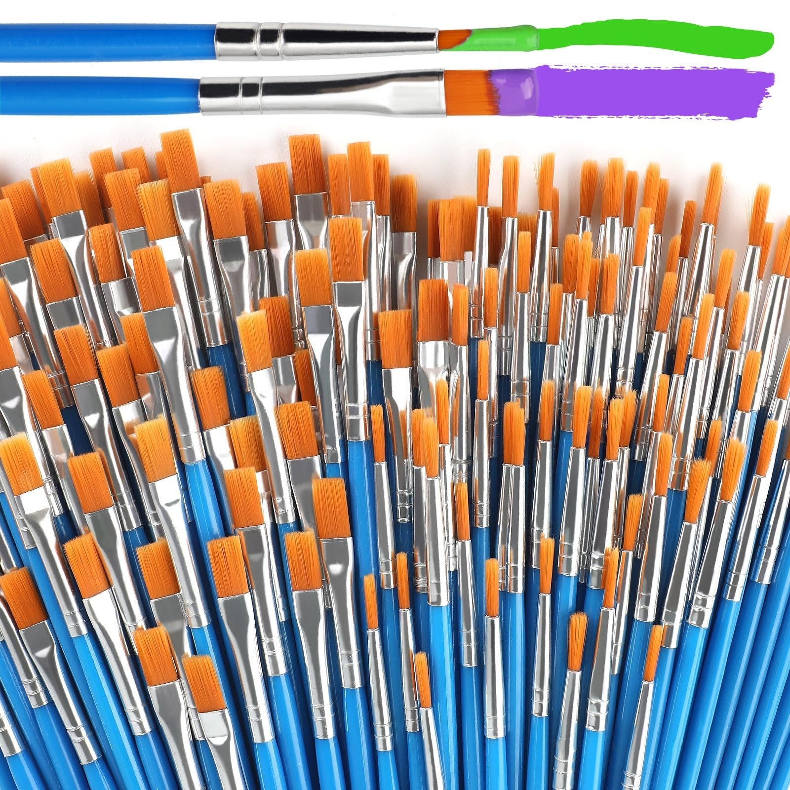 Close-up of a large collection of paint brushes with blue handles and orange bristles, two brushes at the top show green and purple paint strokes.