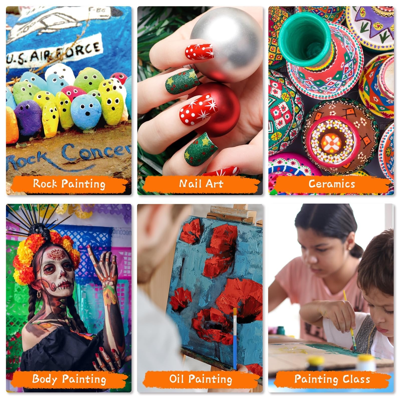 Collage of six art projects: rock painting, nail art, decorated ceramics, body painting, oil painting, and children in a painting class.