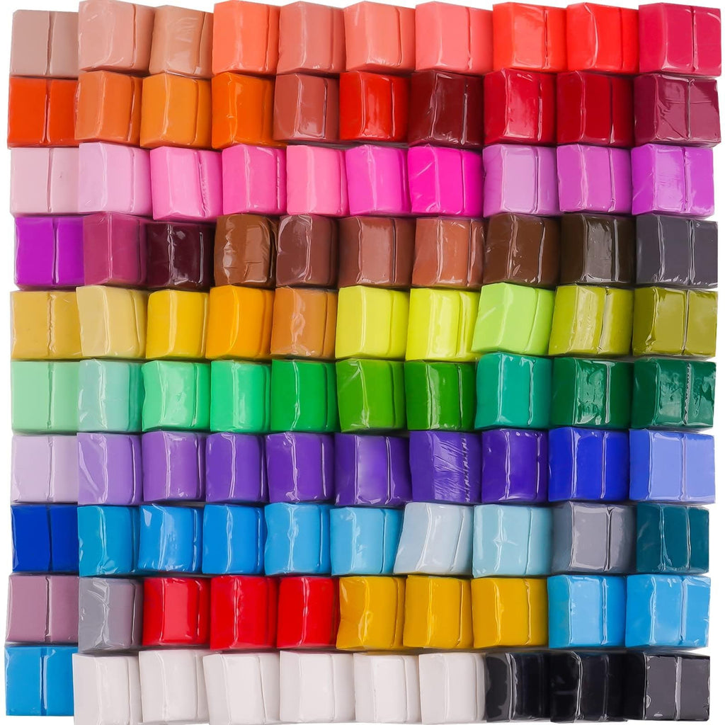 A large collection of individually wrapped polymer clay blocks in 82 different colors, neatly arranged in rows and columns.