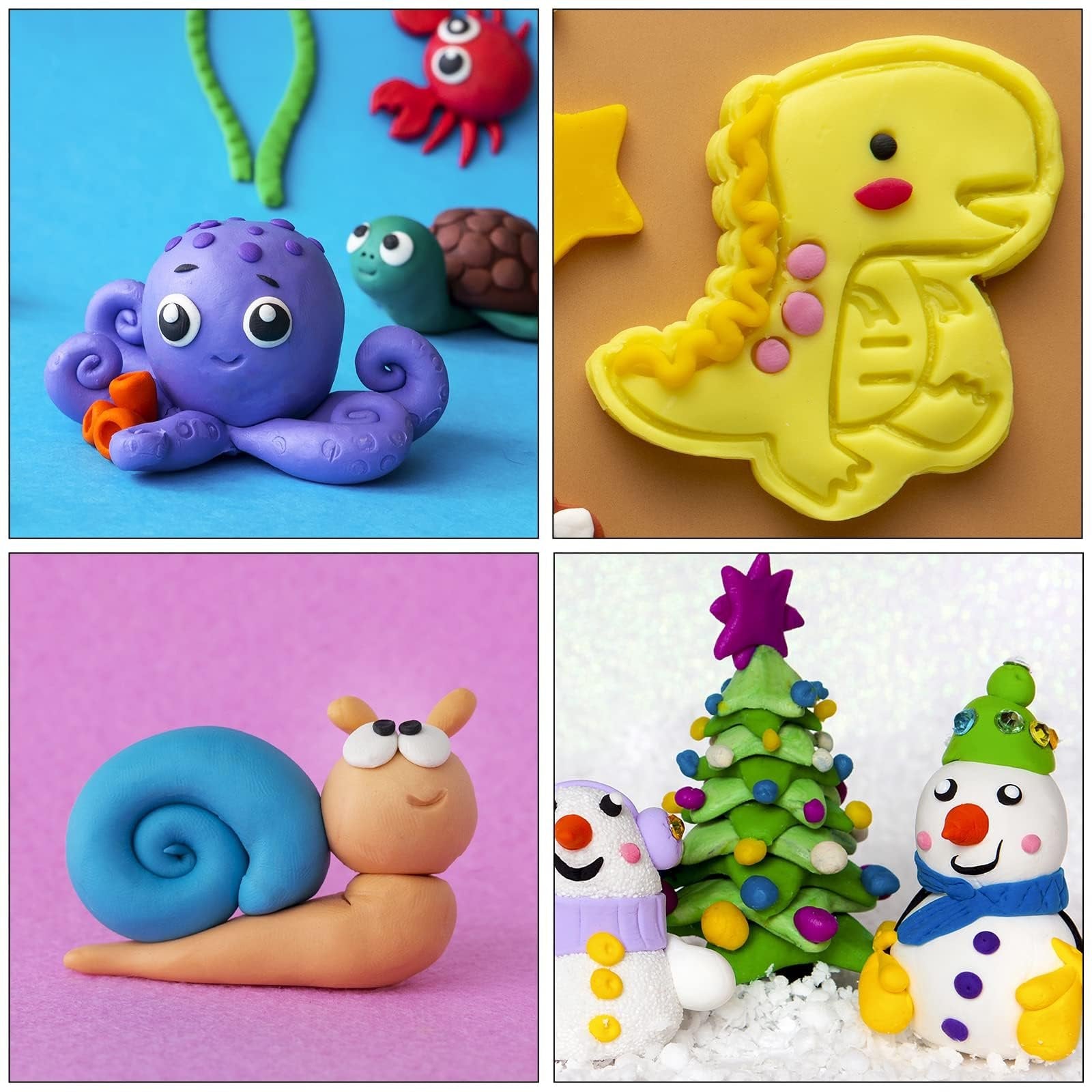 Four panels showing various polymer clay creations: a purple octopus with a turtle and crab, a yellow dinosaur cookie cutter shape, a blue-shelled snail, and a Christmas tree with two snowmen.