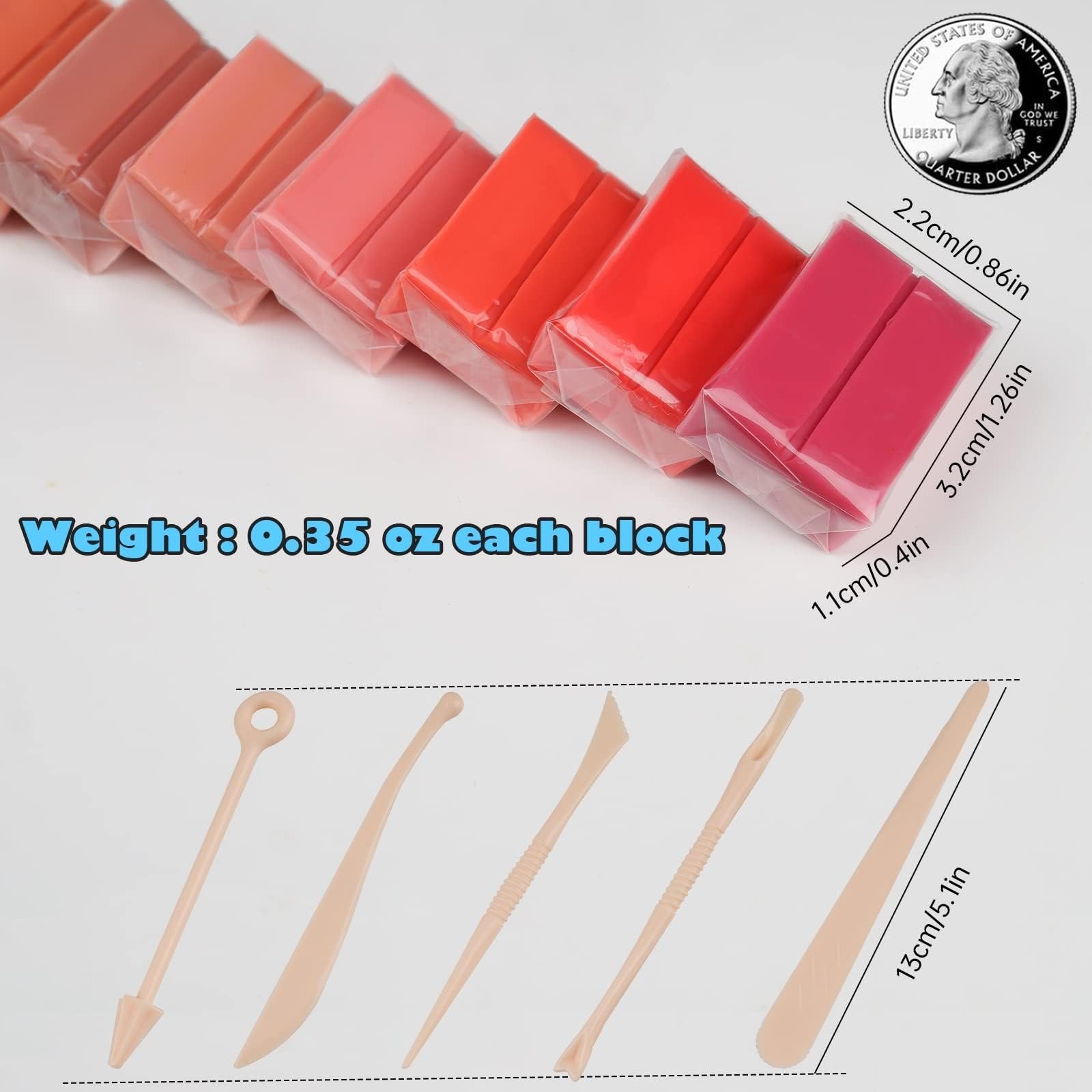 Polymer clay blocks in shades of pink and red, with sculpting tools and size/weight callouts.