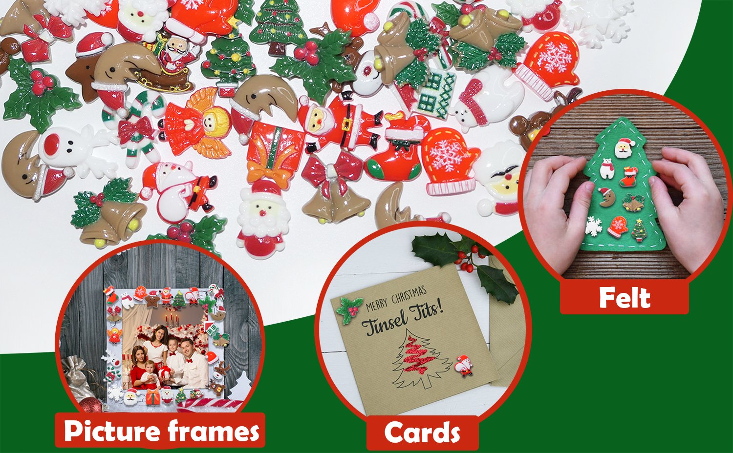 Assorted 3D Christmas resin charms scattered on a white surface, with inset images showing crafts made with them.