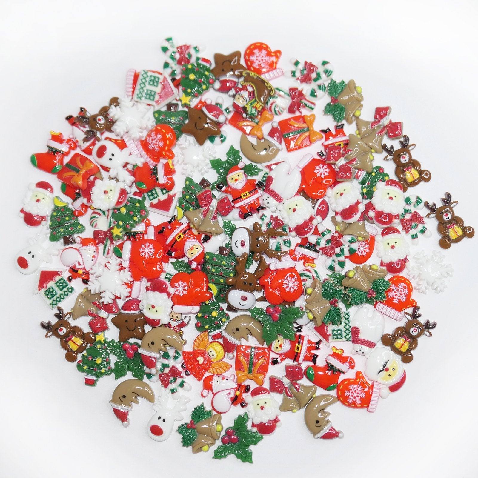 Assorted 3D Christmas resin charms including Santa, reindeer, trees, and snowflakes on a white background.