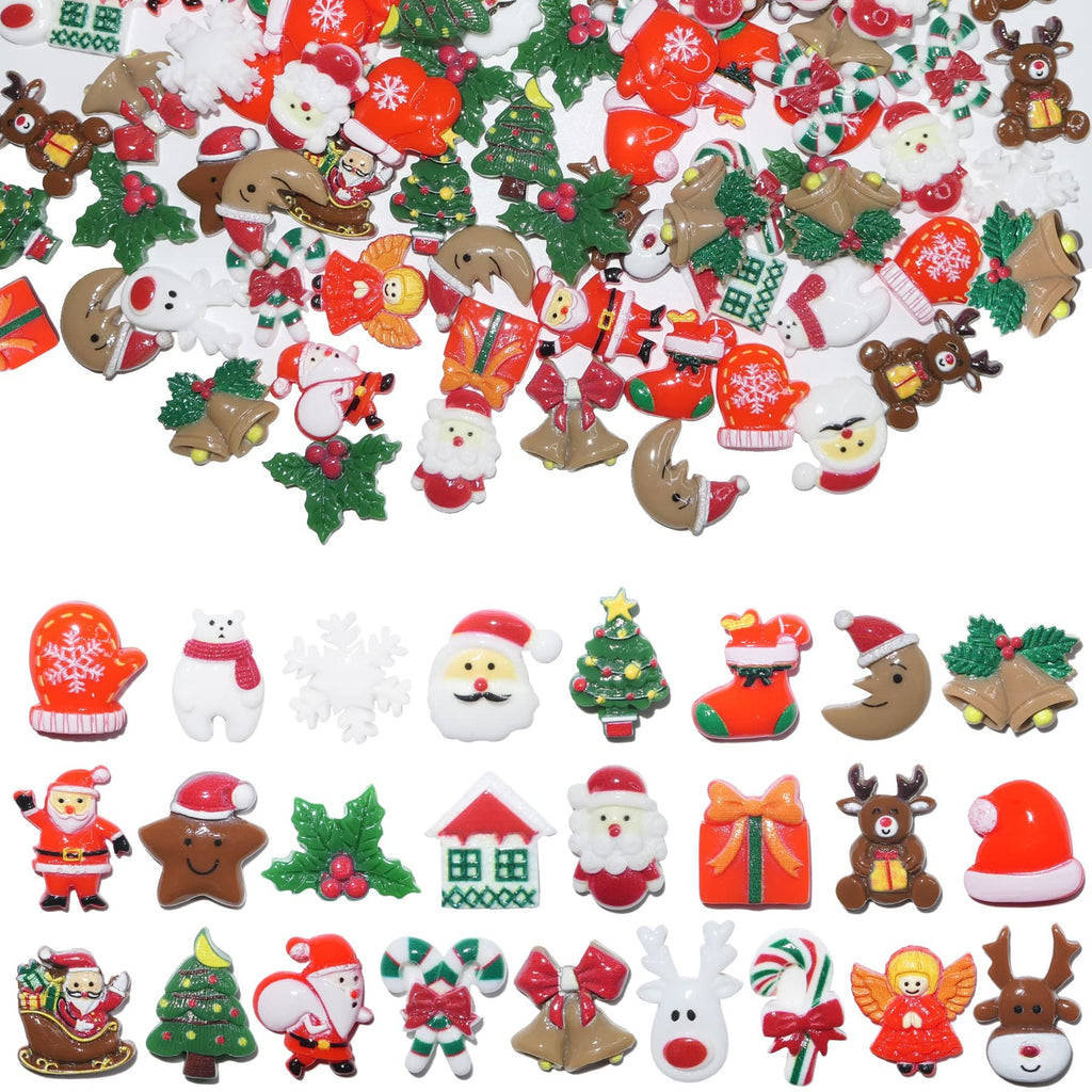 Assortment of 100 small 3D Christmas-themed resin charms including Santa, reindeer, trees, stockings, and snowflakes.