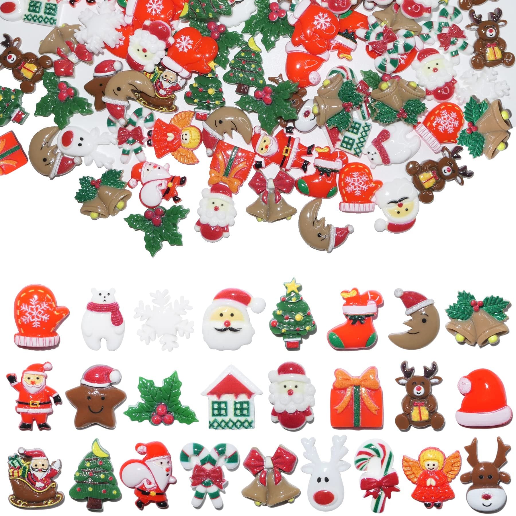 Assortment of 100 small 3D Christmas-themed resin charms including Santa, reindeer, trees, stockings, and snowflakes.