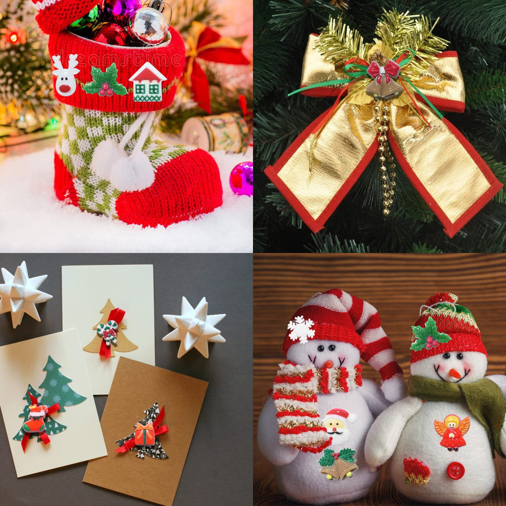 Collage of Christmas crafts: stocking filled with ornaments, festive bow, decorated cards, and snowmen with charms.