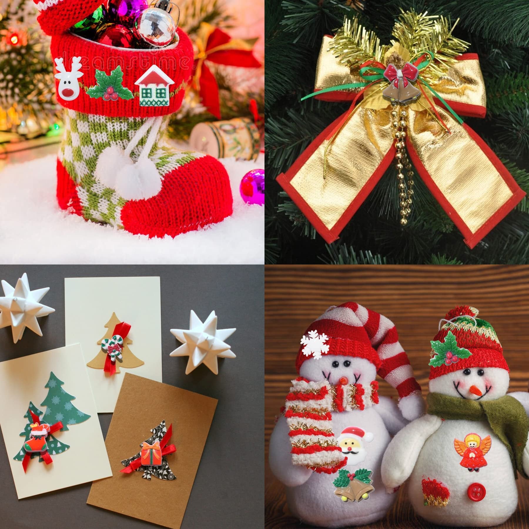 Collage of Christmas crafts: stocking filled with ornaments, festive bow, decorated cards, and snowmen with charms.