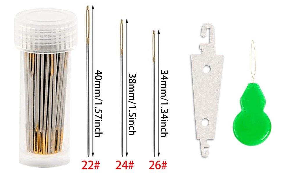 Cross stitch needles in a clear bottle with threaders and size labels