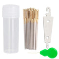 Set of 100 cross stitch needles in a clear bottle with two threaders and a needle threader tool.