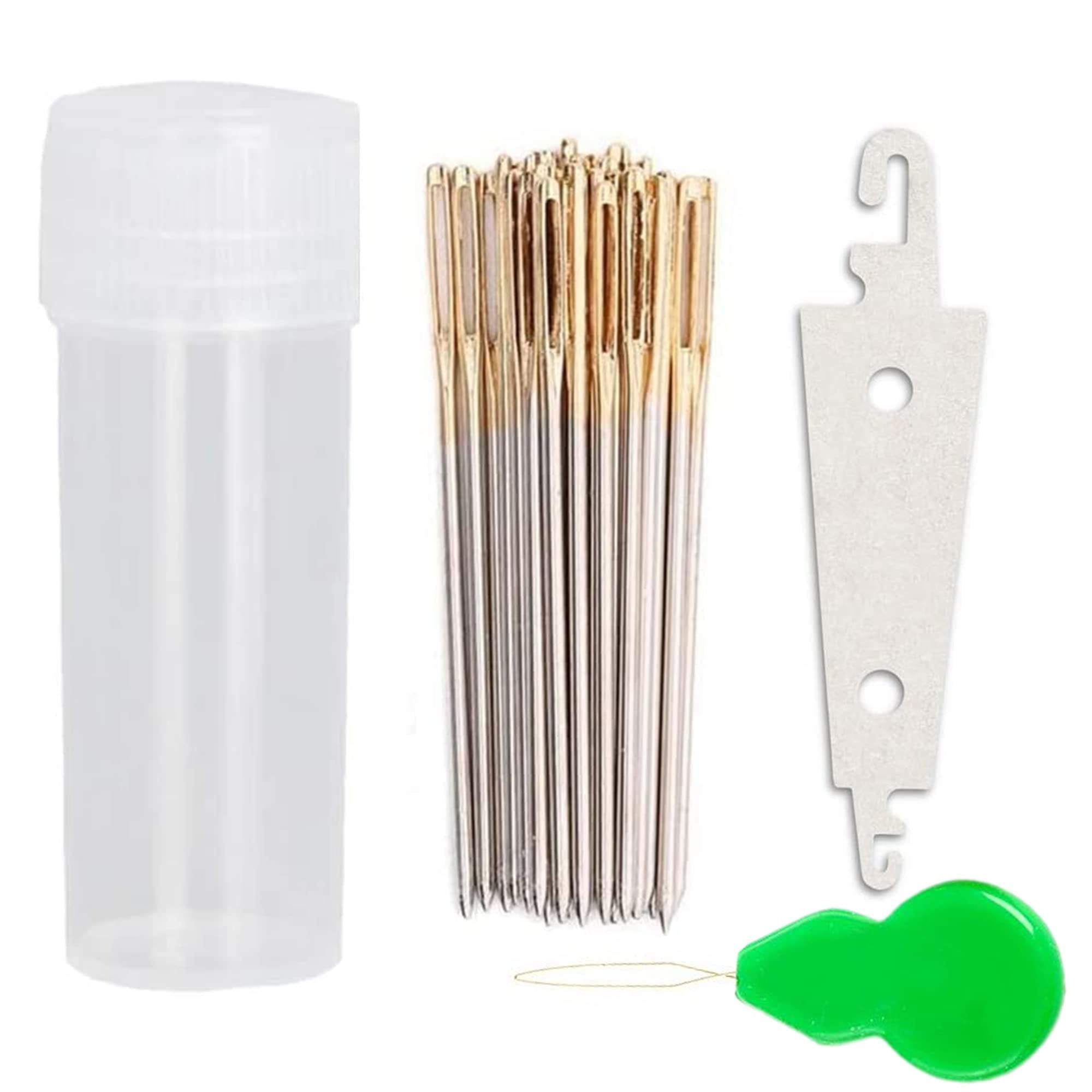 Set of 100 cross stitch needles in a clear bottle with two threaders and a needle threader tool.