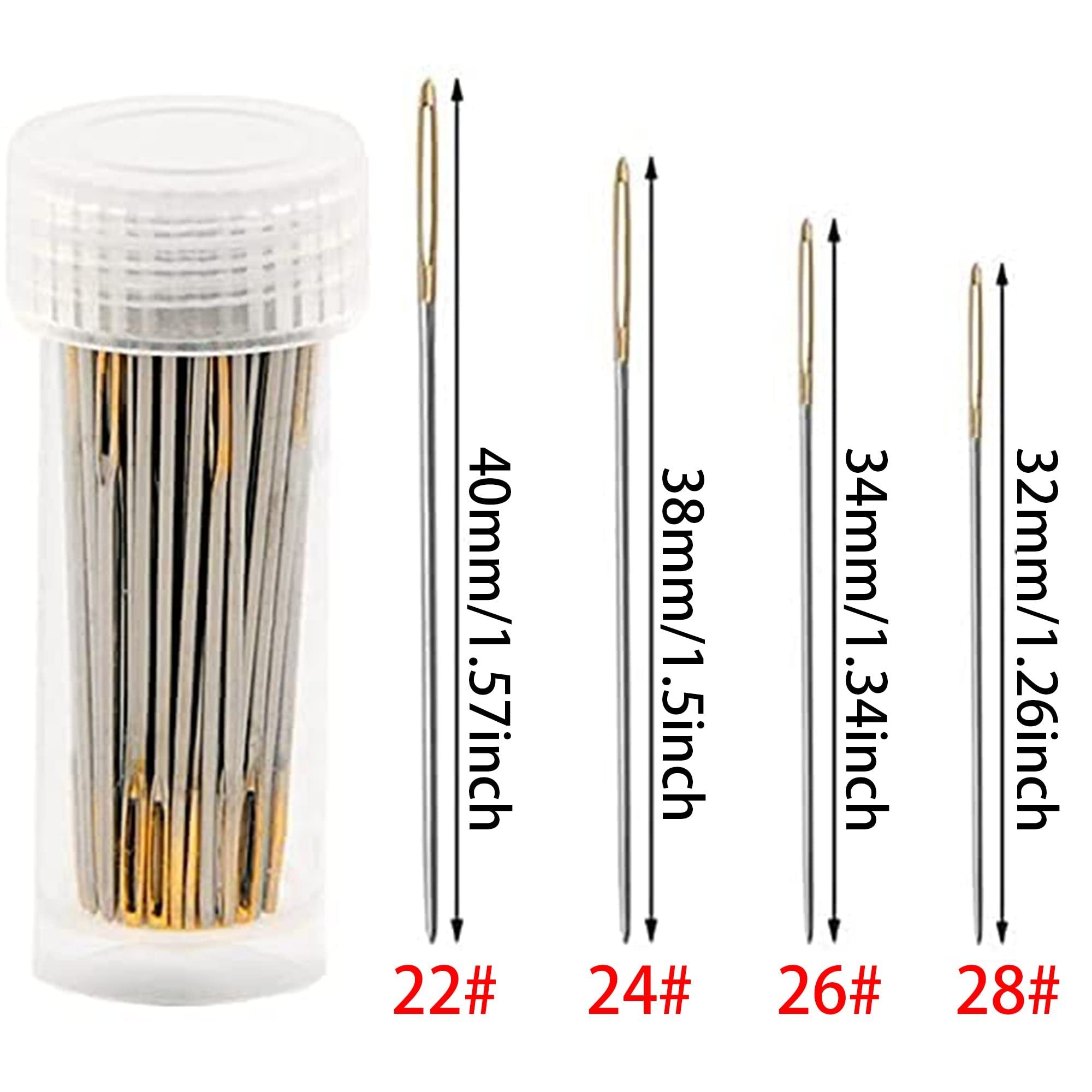 Set of hand sewing needles in a clear bottle with size and length callouts for individual needles.