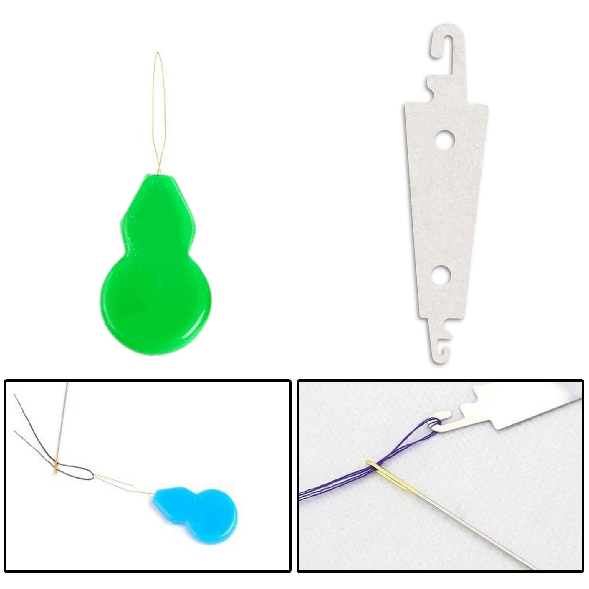 Set of sewing needles and threaders, including a green and blue threader, and a silver threader tool.