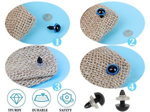 Four-step diagram showing how to attach plastic safety eyes to fabric, with close-ups of eyes and washers, and icons for sturdy, durable, and safety.