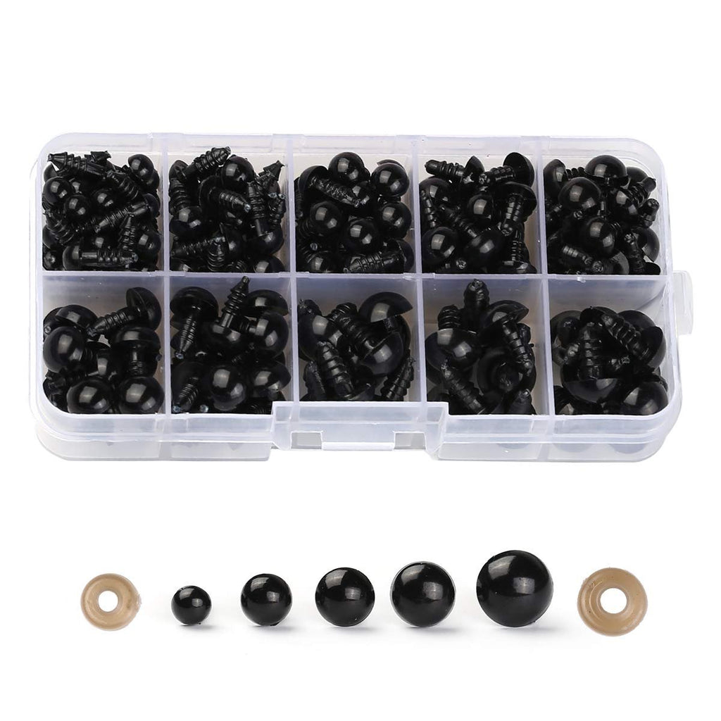 Assorted black plastic safety eyes and washers in a divided clear plastic case, with individual eyes and washers displayed below.
