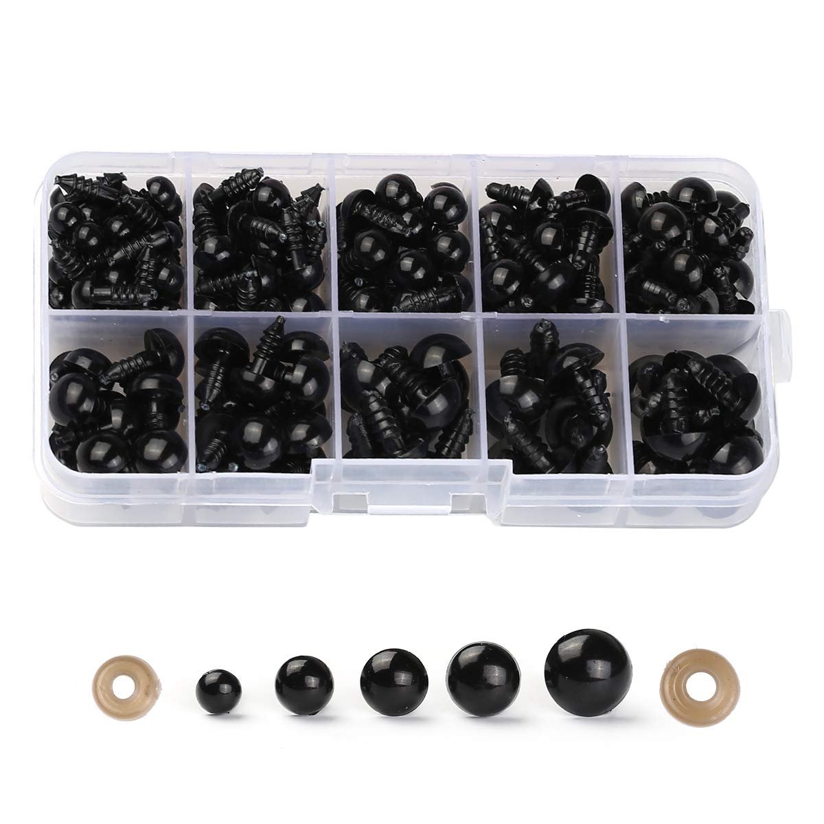 Assorted black plastic safety eyes and washers in a divided clear plastic case, with individual eyes and washers displayed below.