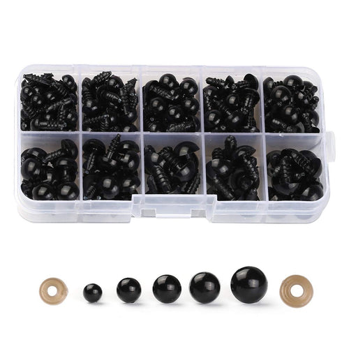 Assorted black plastic safety eyes and washers in a divided clear plastic case, with individual eyes and washers displayed below.