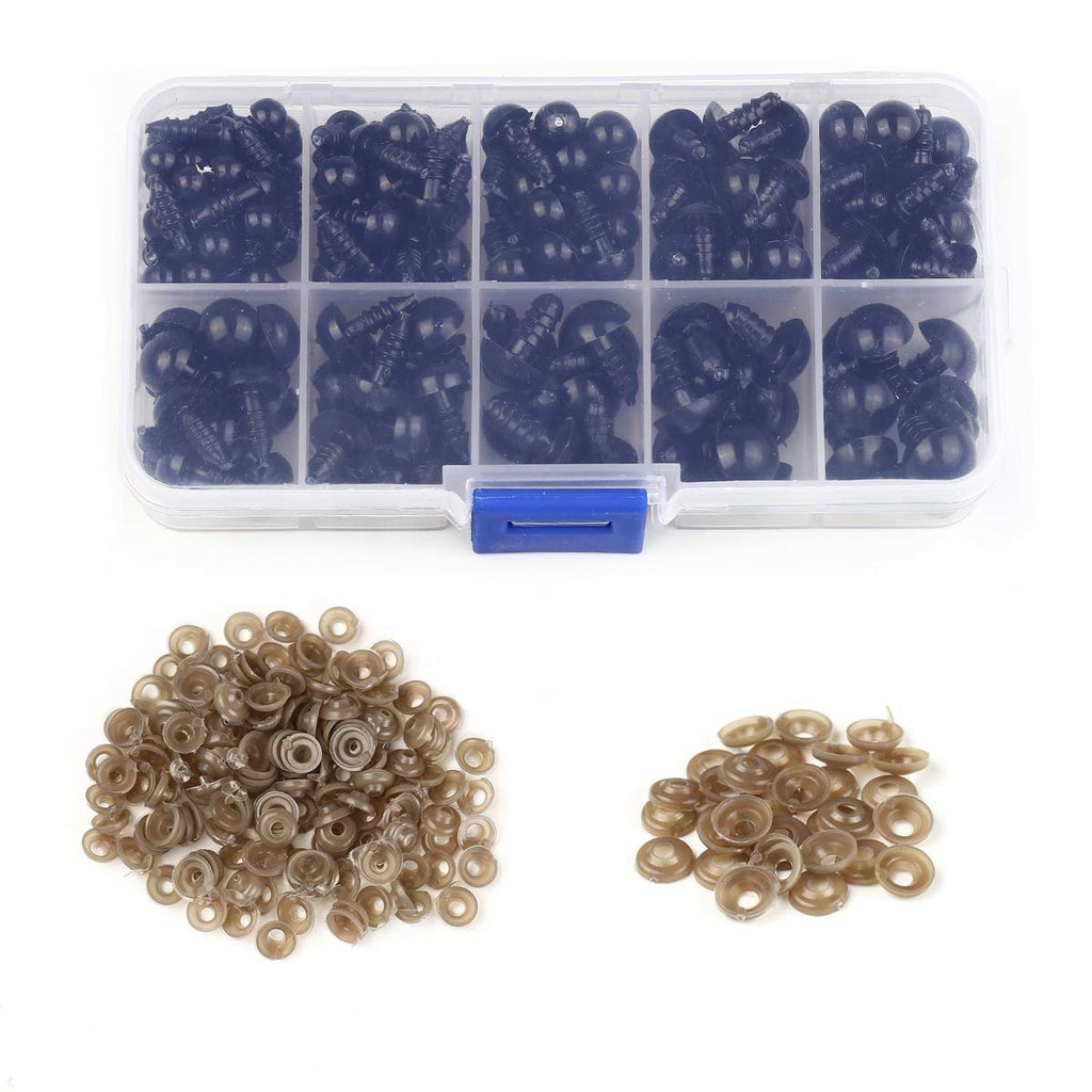 Assorted sizes of black plastic safety eyes and washers in a clear divided case on a white background.