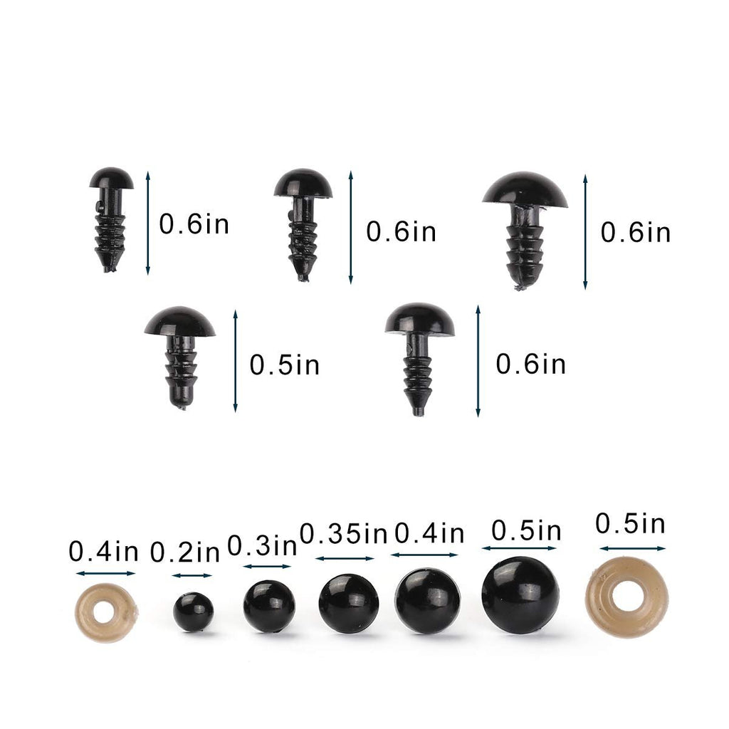 Assorted sizes of black plastic safety eyes and washers with dimension callouts