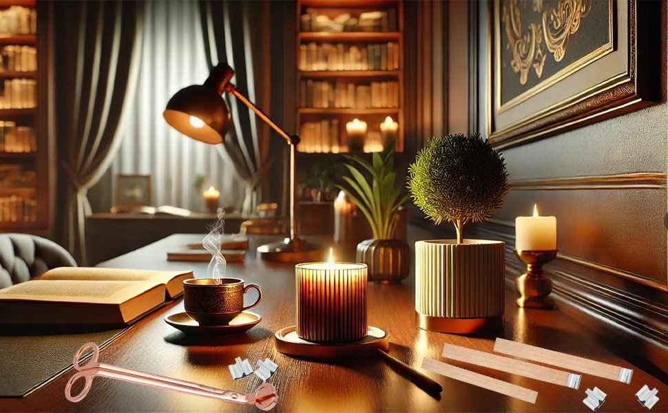 Wooden candle wicks with metal clips, scissors, and a lit candle on a desk with books and plants.