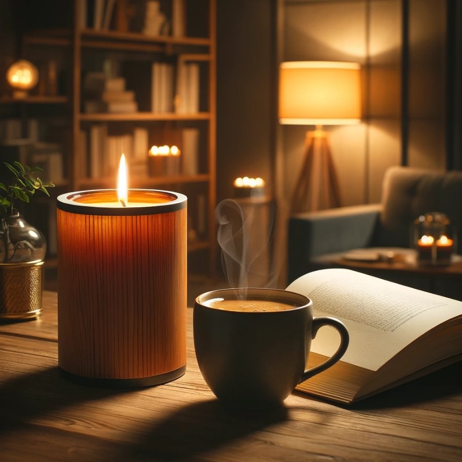 Lit wooden candle next to a steaming cup of coffee and an open book on a wooden table.