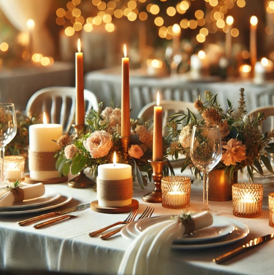 Elegant table setting with lit candles, floral arrangement, and place settings for a special occasion.