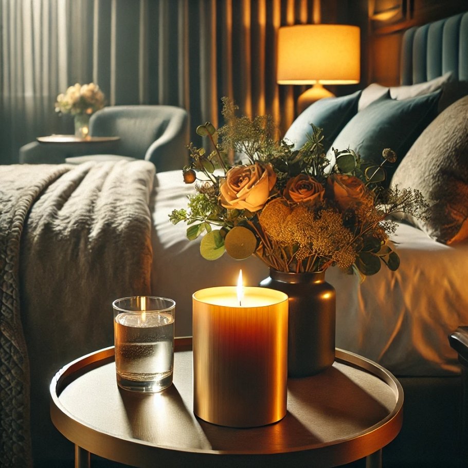 Lit candle and glass of water on a side table next to a bed with flowers