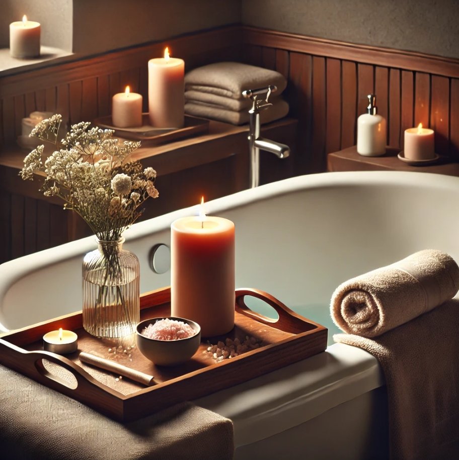 A wooden tray with candles, bath salts, and flowers sits on the edge of a bathtub, with rolled towels and bath products in the background.