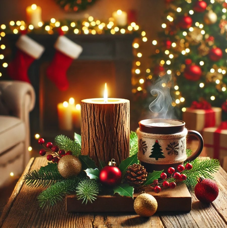 Lit wooden candle and steaming mug of coffee on a rustic table with Christmas decorations