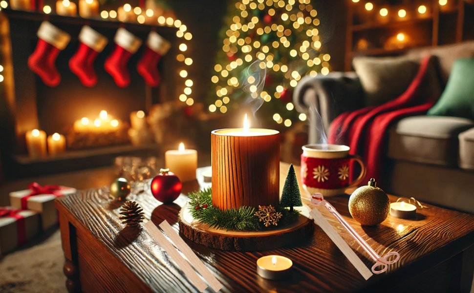 Wooden candle wicks and metal trimmer on a table with a lit candle and Christmas decorations