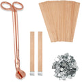 Candle making kit with rose gold scissors, wooden wicks, metal clips, and stickers on a white background.