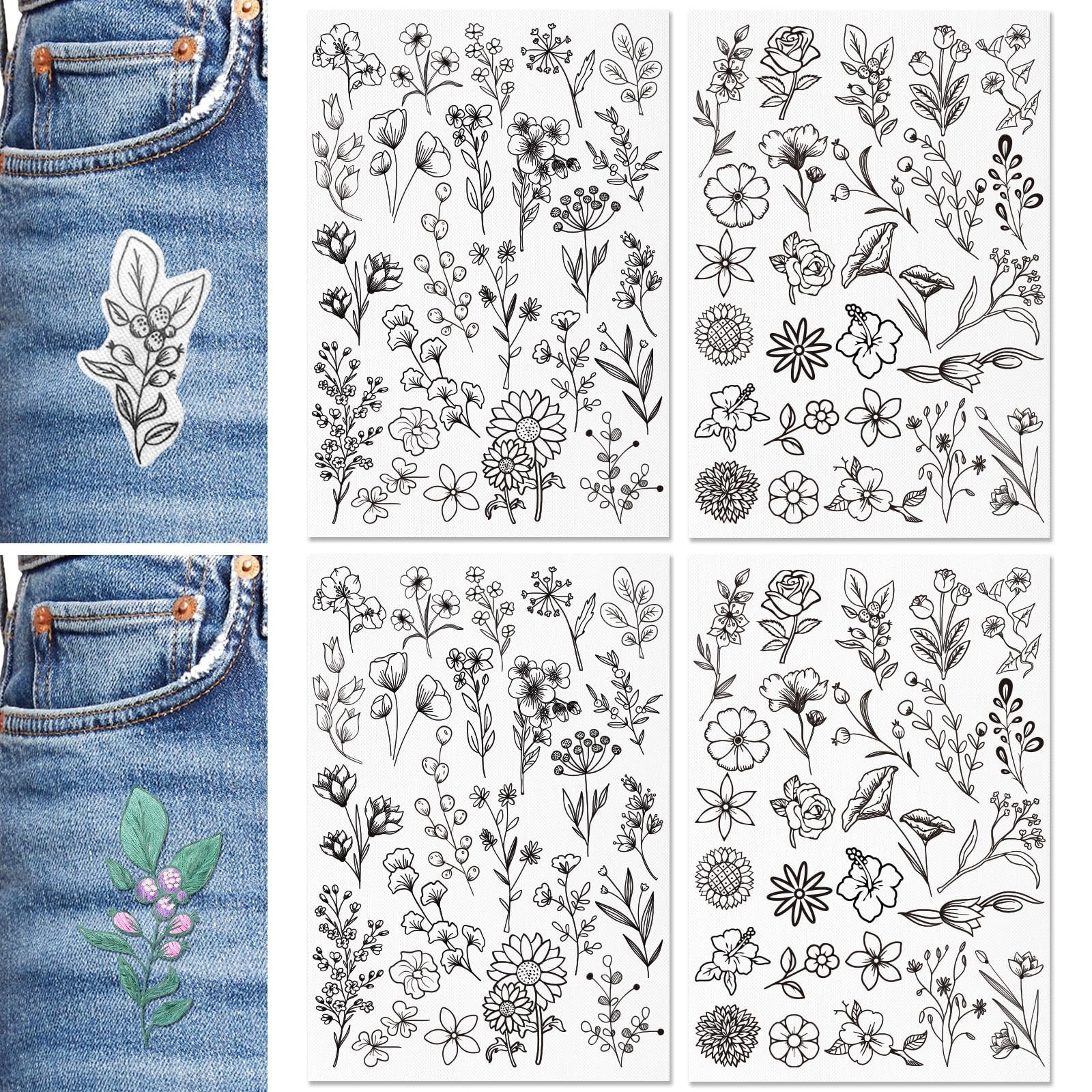 Embroidery patterns on denim fabric showing a branch with berries and leaves, and a separate sheet with multiple floral designs.