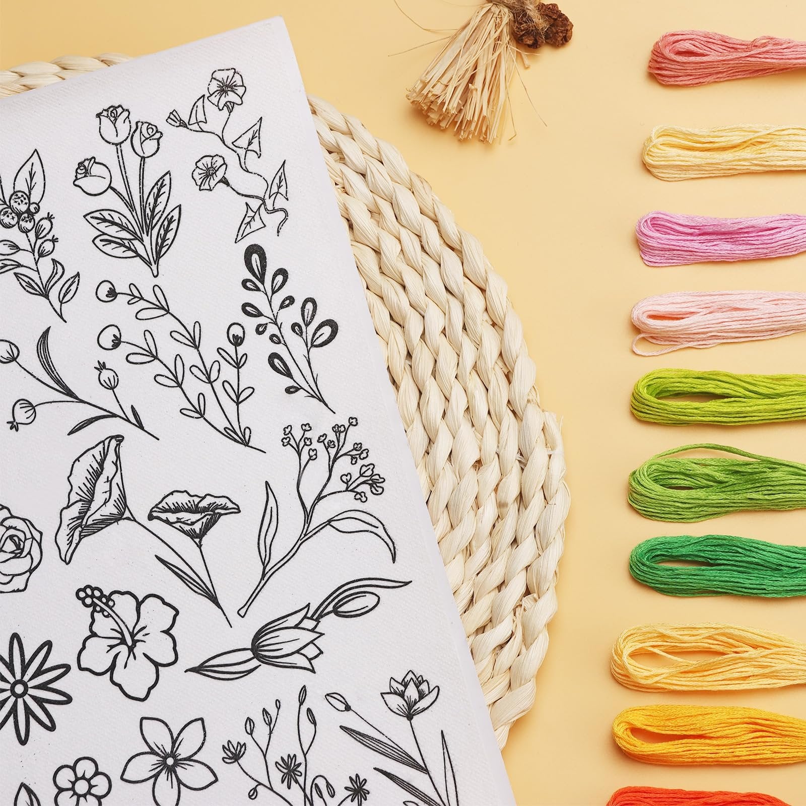 Water soluble embroidery stabilizer sheet with pre-printed floral patterns, next to spools of colorful embroidery floss.